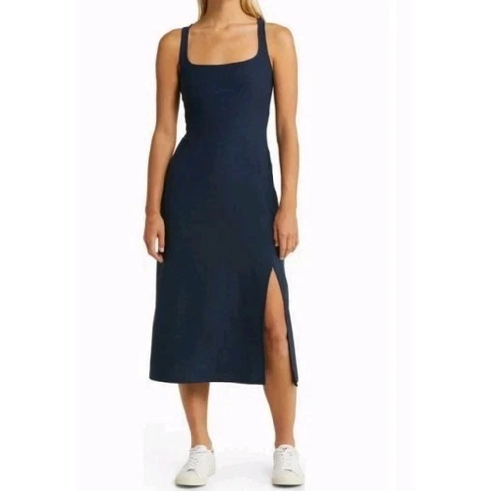 Beyond Yoga Featherweight Getaway Split Hem Midi Dress S Nocturnal Navy NWT